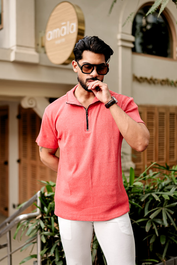 Dark Pink Self Design Zipper T-Shirt