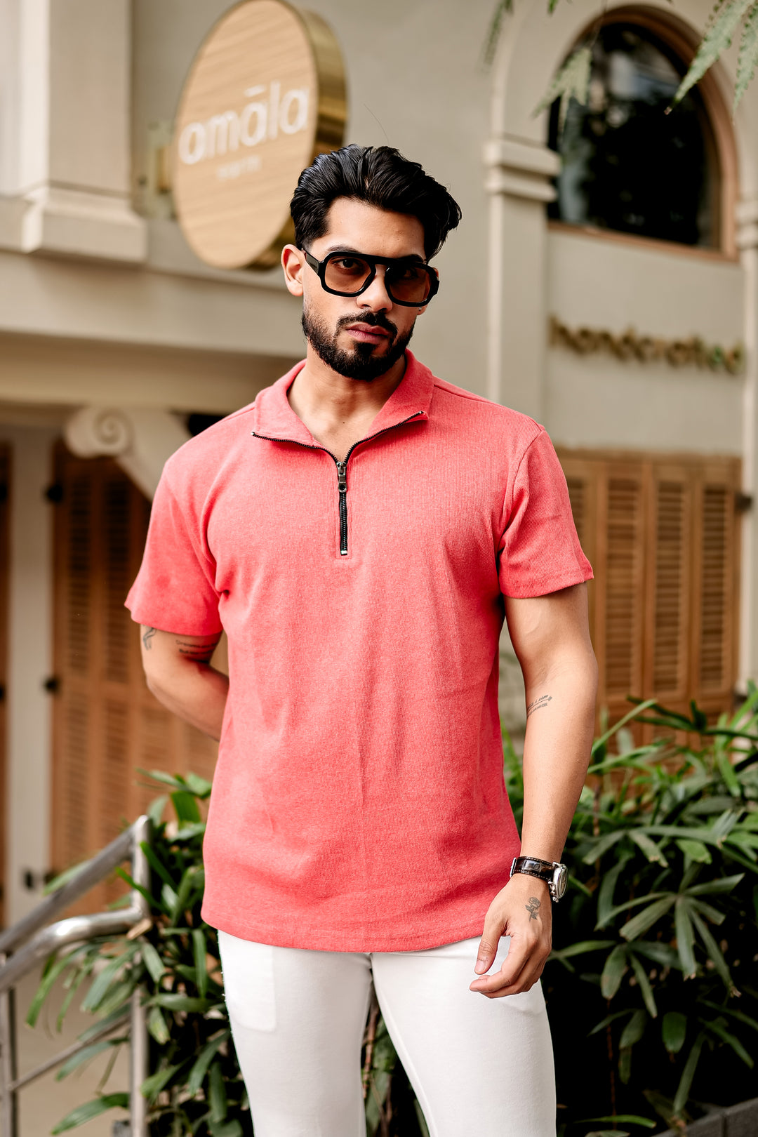 Dark Pink Self Design Zipper T-Shirt