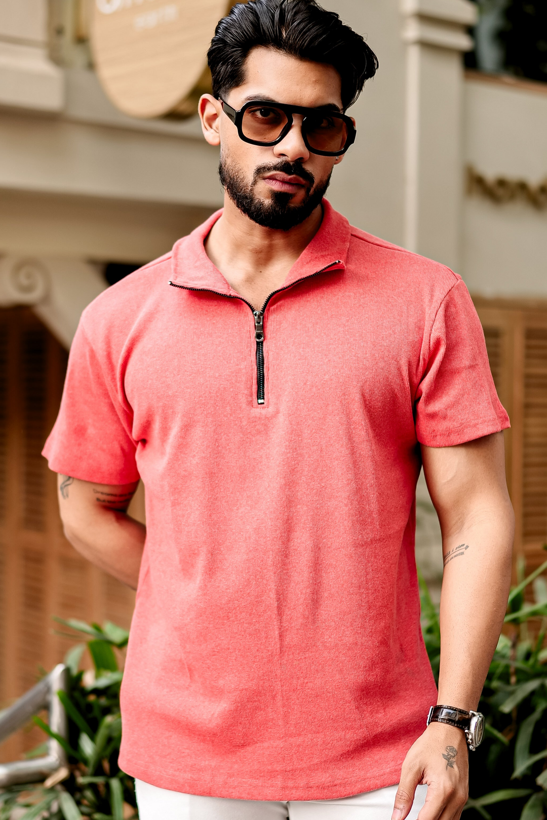 Dark Pink Self Design Zipper T-Shirt