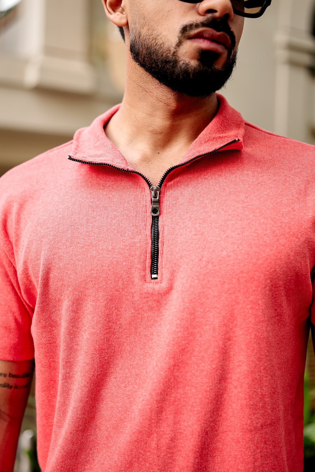 Dark Pink Self Design Zipper T-Shirt