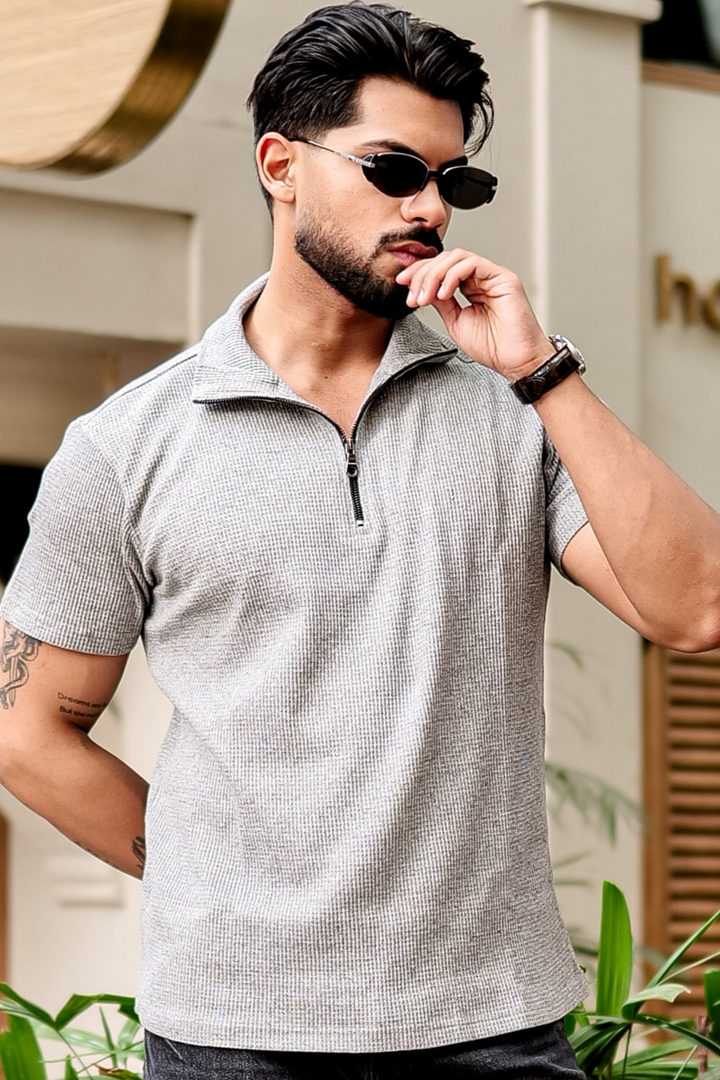 Grey Melange Waffle Zipper T-Shirt