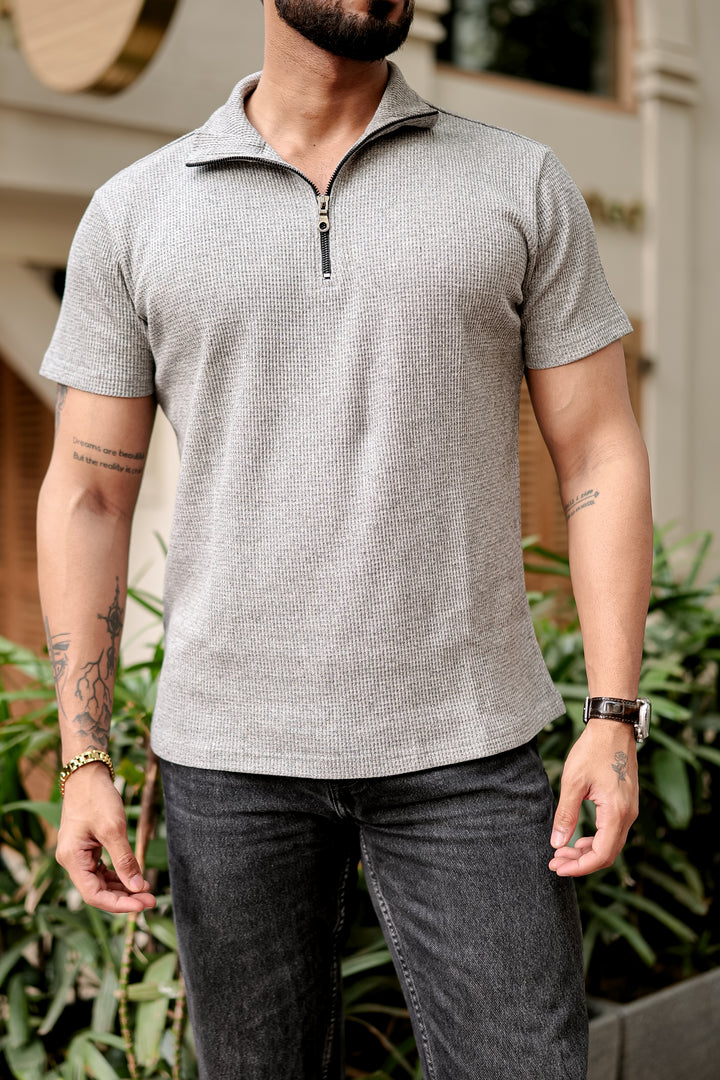 Grey Melange Waffle Zipper T-Shirt