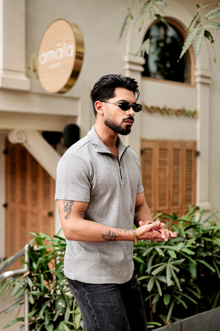 Grey Melange Waffle Zipper T-Shirt