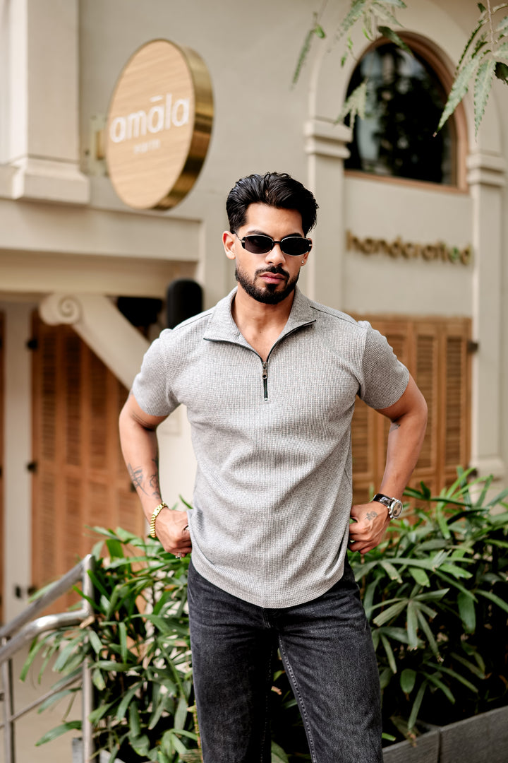 Grey Melange Waffle Zipper T-Shirt
