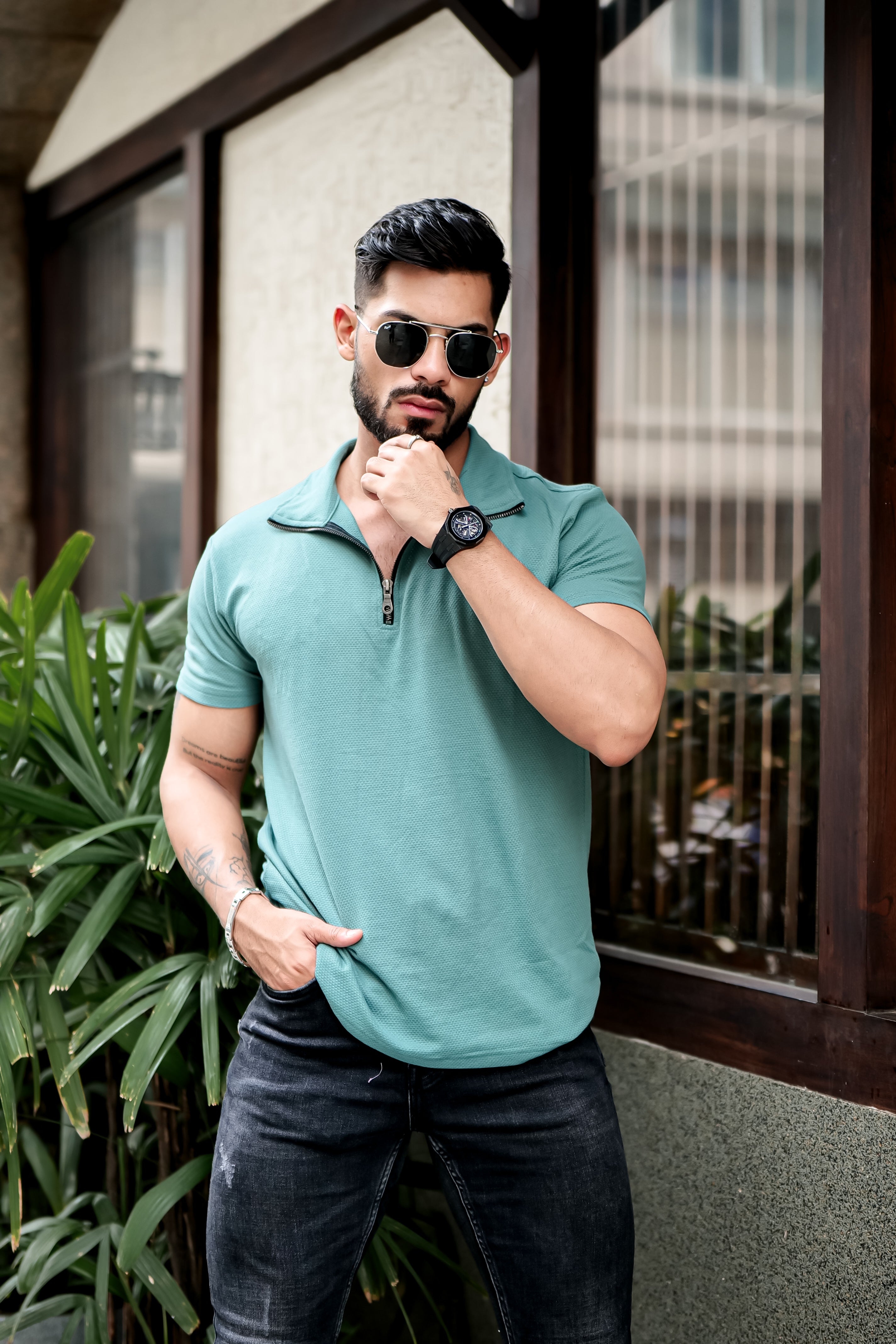 Green Waffle Zipper Neck T-Shirt
