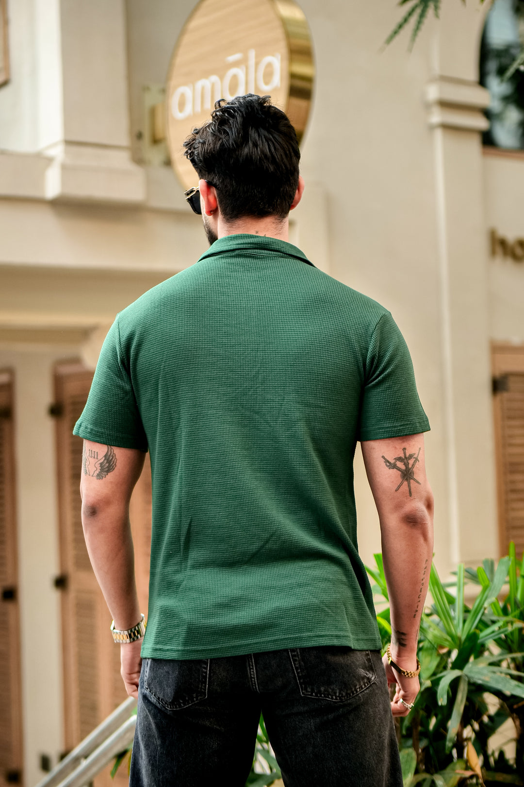 Green Waffle Half Sleeves Zipper T-Shirt