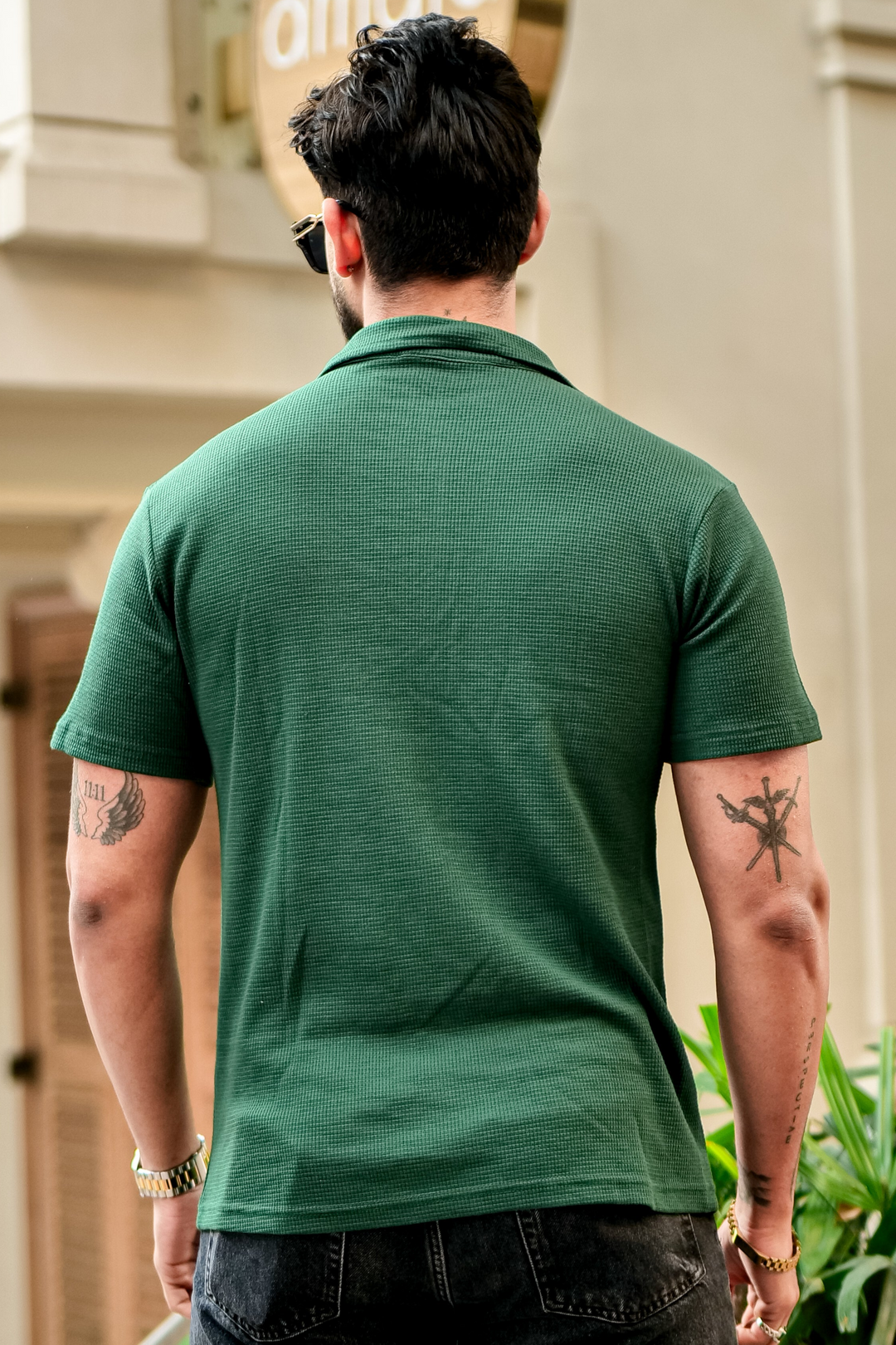 Green Waffle Half Sleeves Zipper T-Shirt