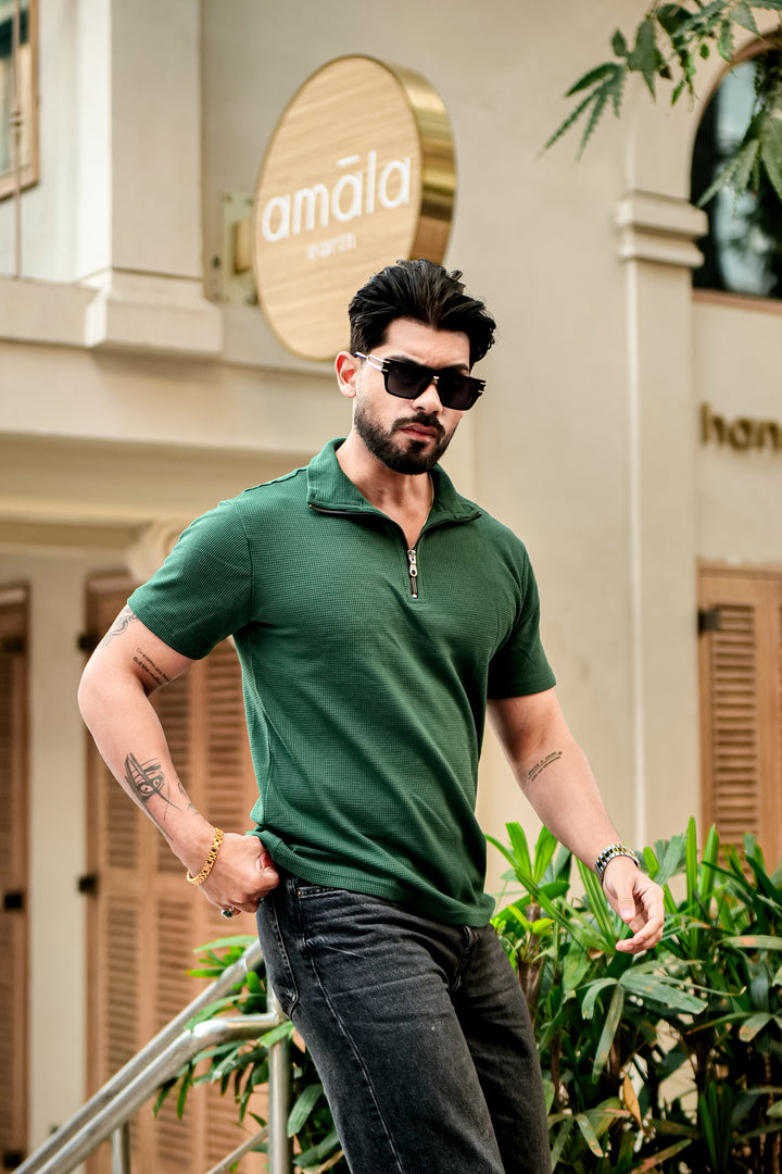 Green Waffle Half Sleeves Zipper T-Shirt
