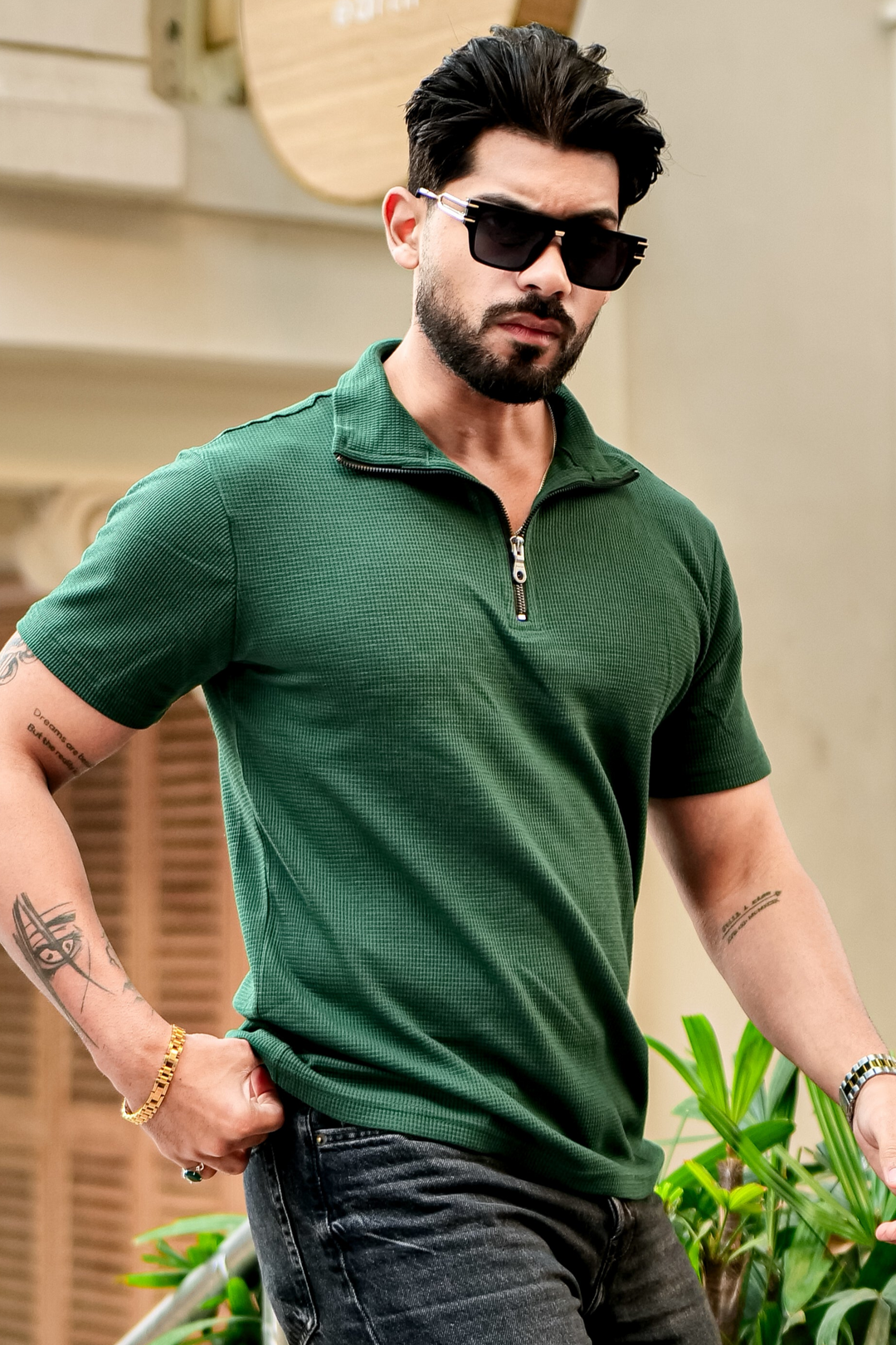 Green Waffle Half Sleeves Zipper T-Shirt
