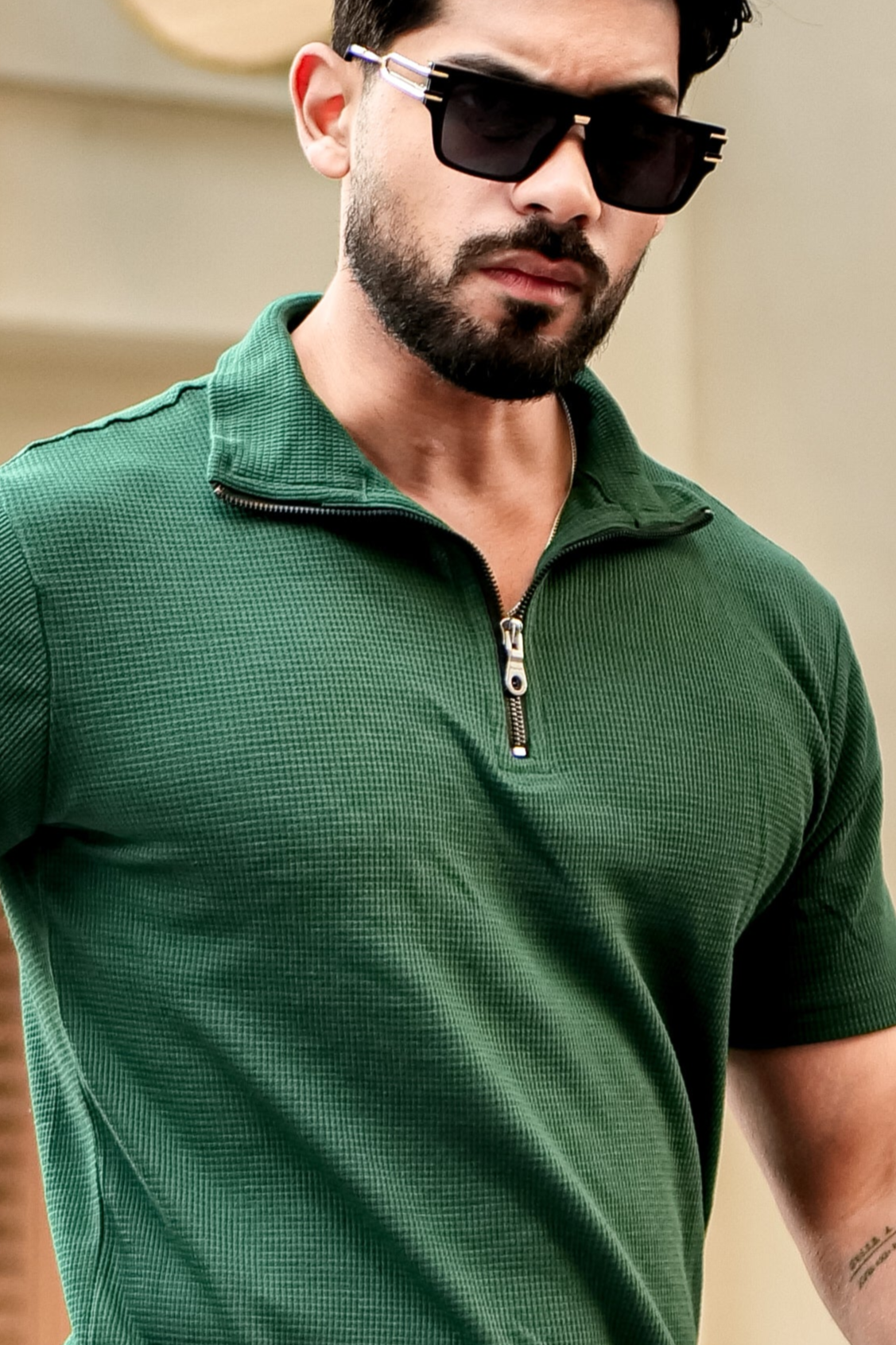 Green Waffle Half Sleeves Zipper T-Shirt