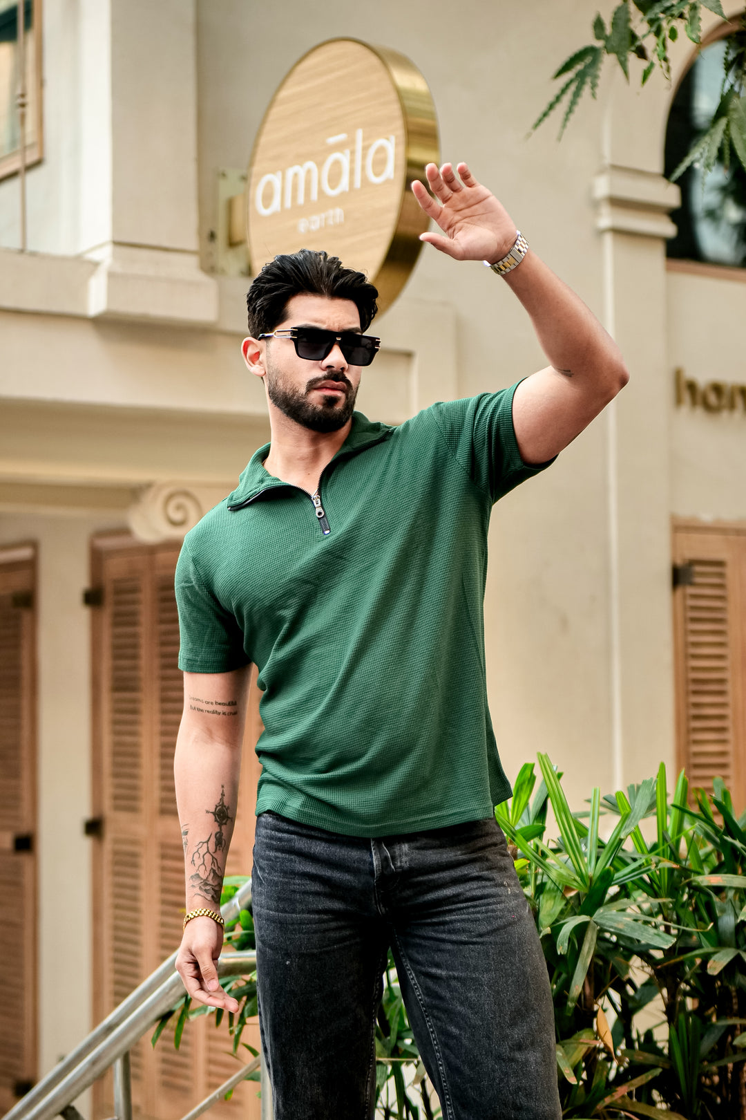 Green Waffle Half Sleeves Zipper T-Shirt