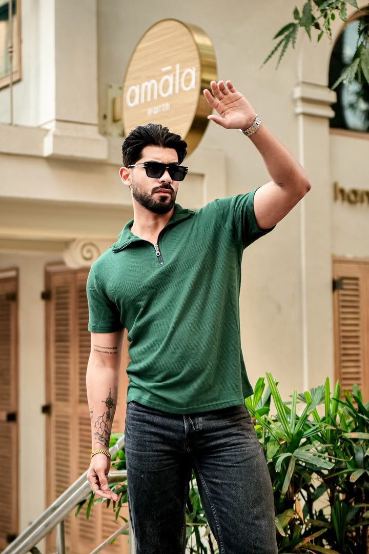 Green Waffle Half Sleeves Zipper T-Shirt