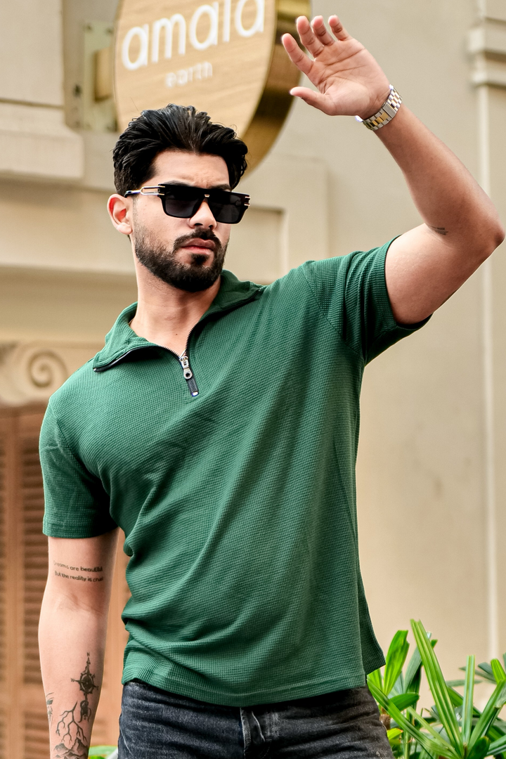 Green Waffle Half Sleeves Zipper T-Shirt