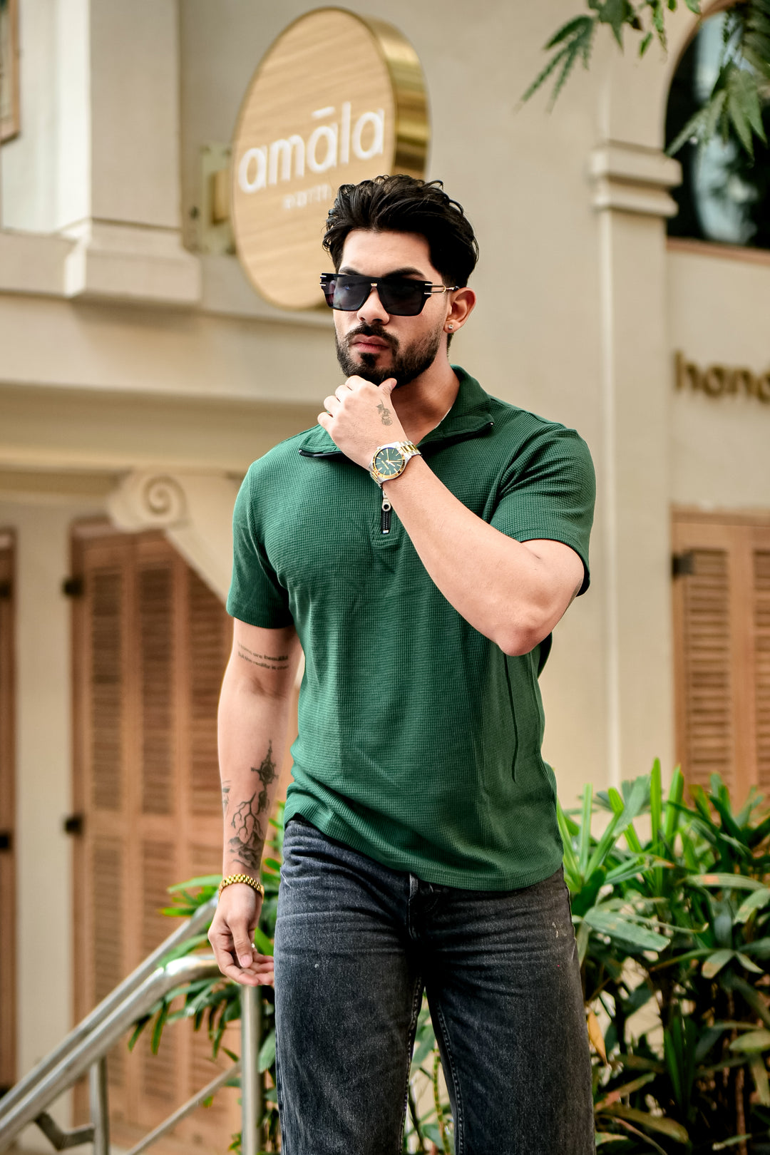 Green Waffle Half Sleeves Zipper T-Shirt