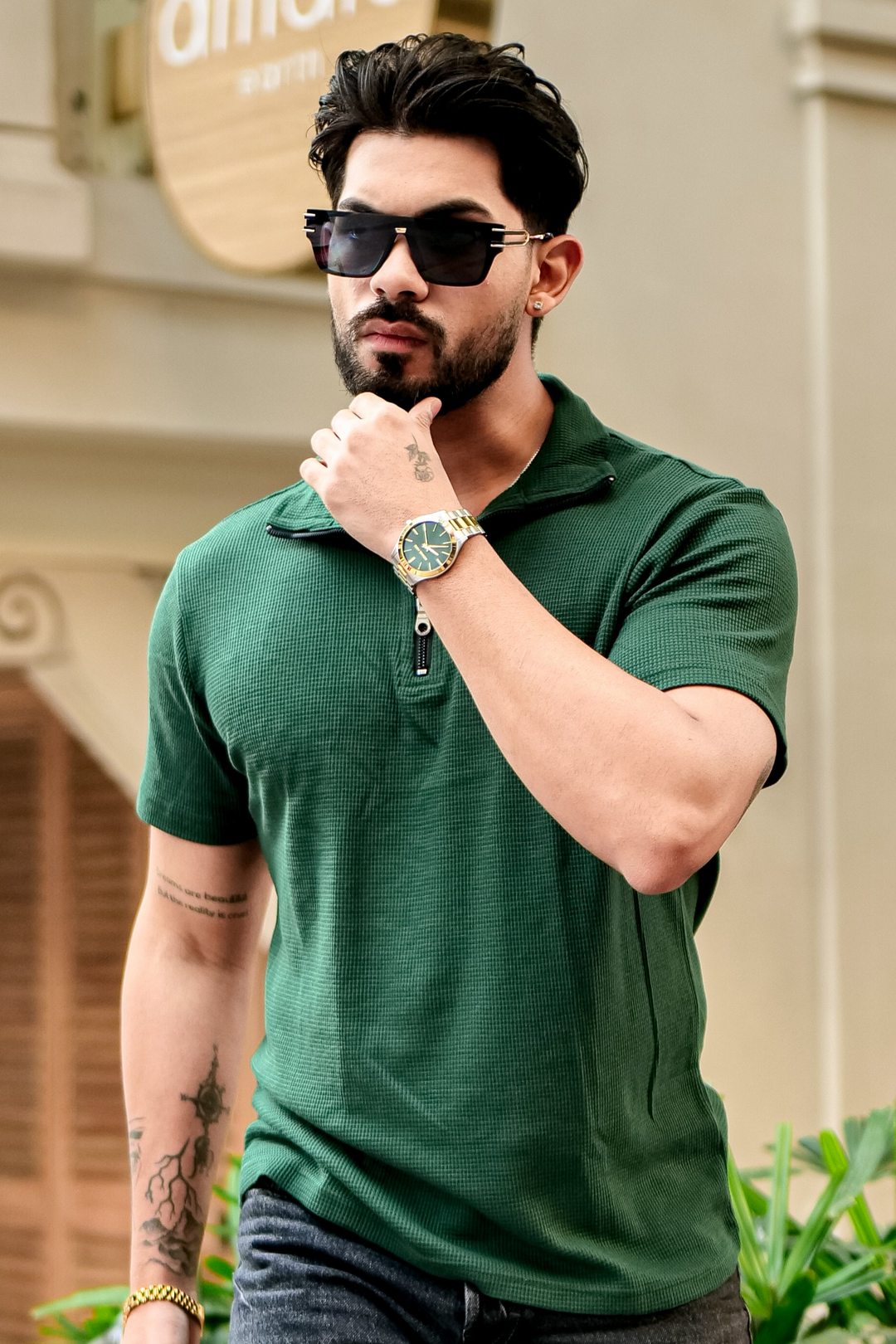 Green Waffle Half Sleeves Zipper T-Shirt