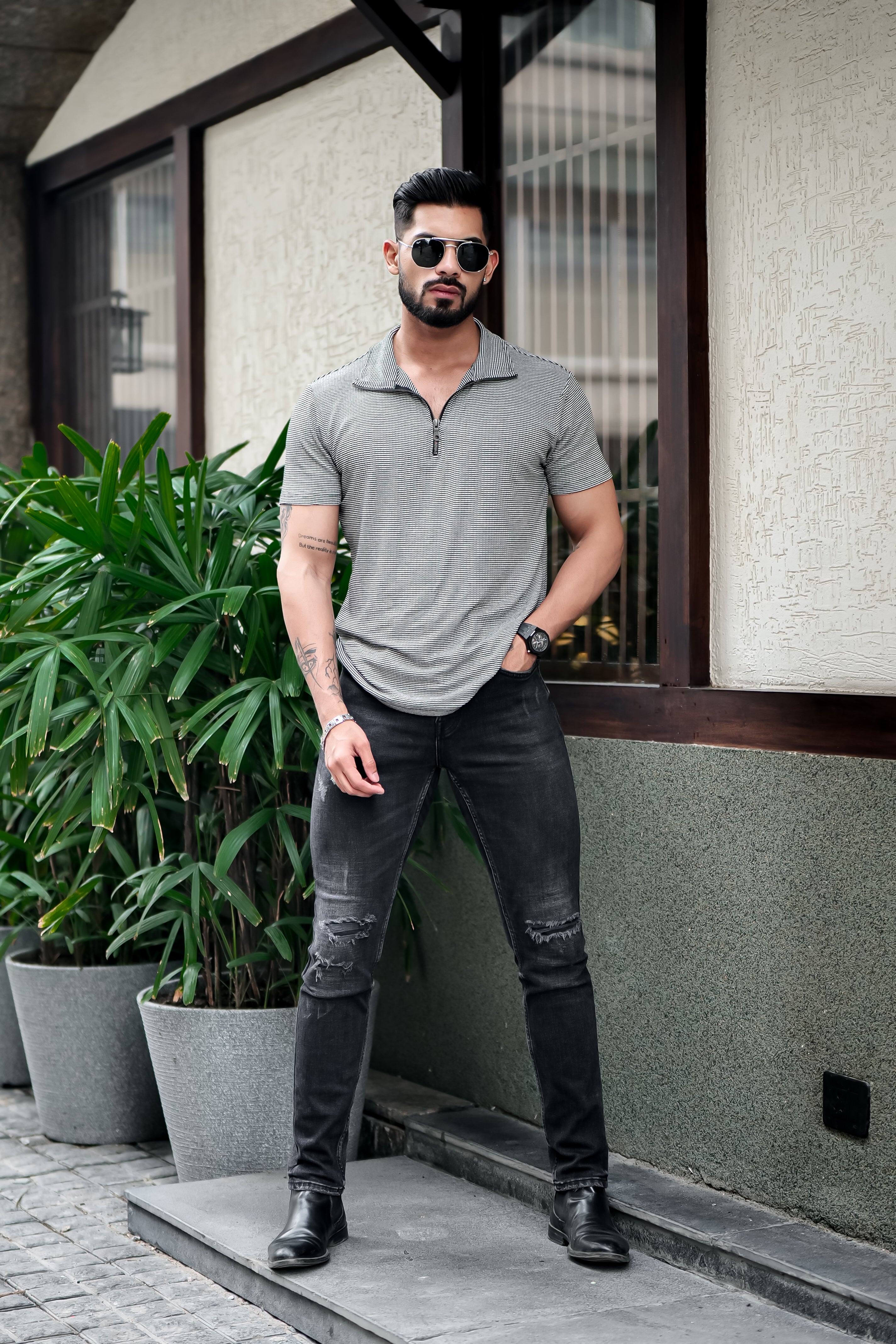 Grey Self Design Striper Zipper T-Shirt