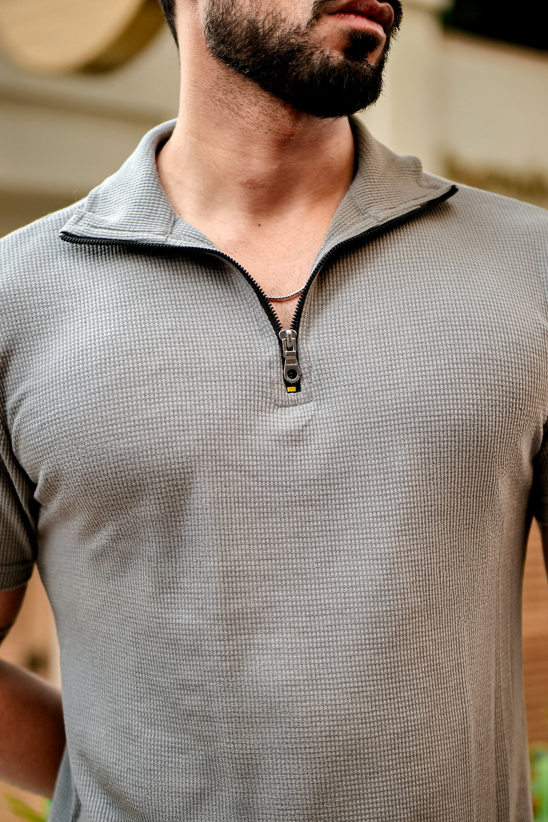 Grey Waffle Half Sleeves Zipper T-Shirt