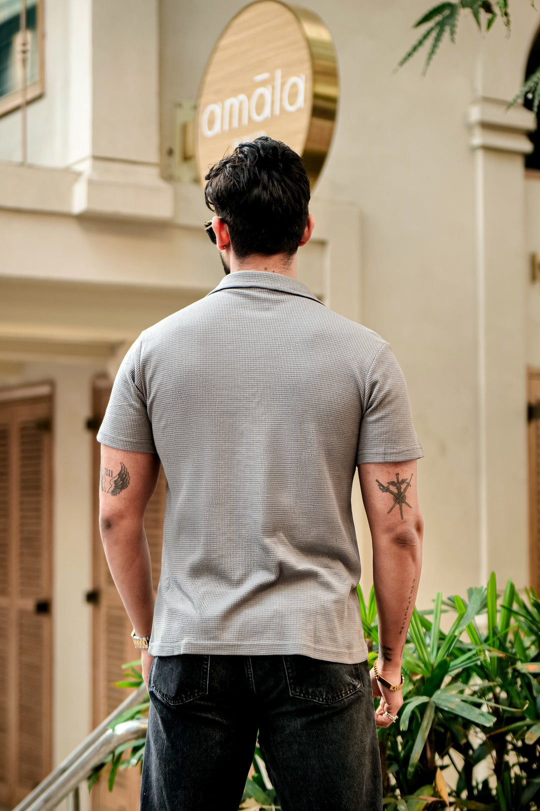 Grey Waffle Half Sleeves Zipper T-Shirt