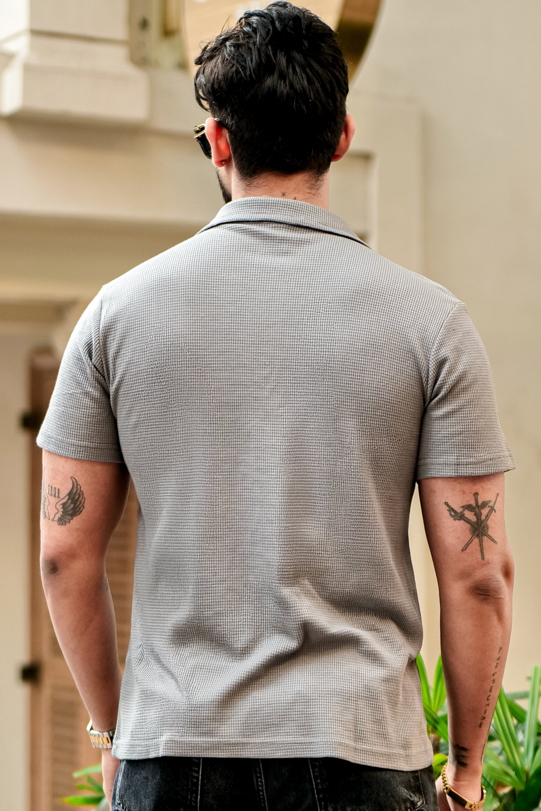 Grey Waffle Half Sleeves Zipper T-Shirt