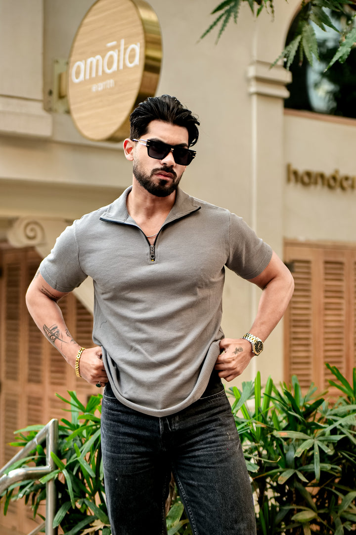 Grey Waffle Half Sleeves Zipper T-Shirt