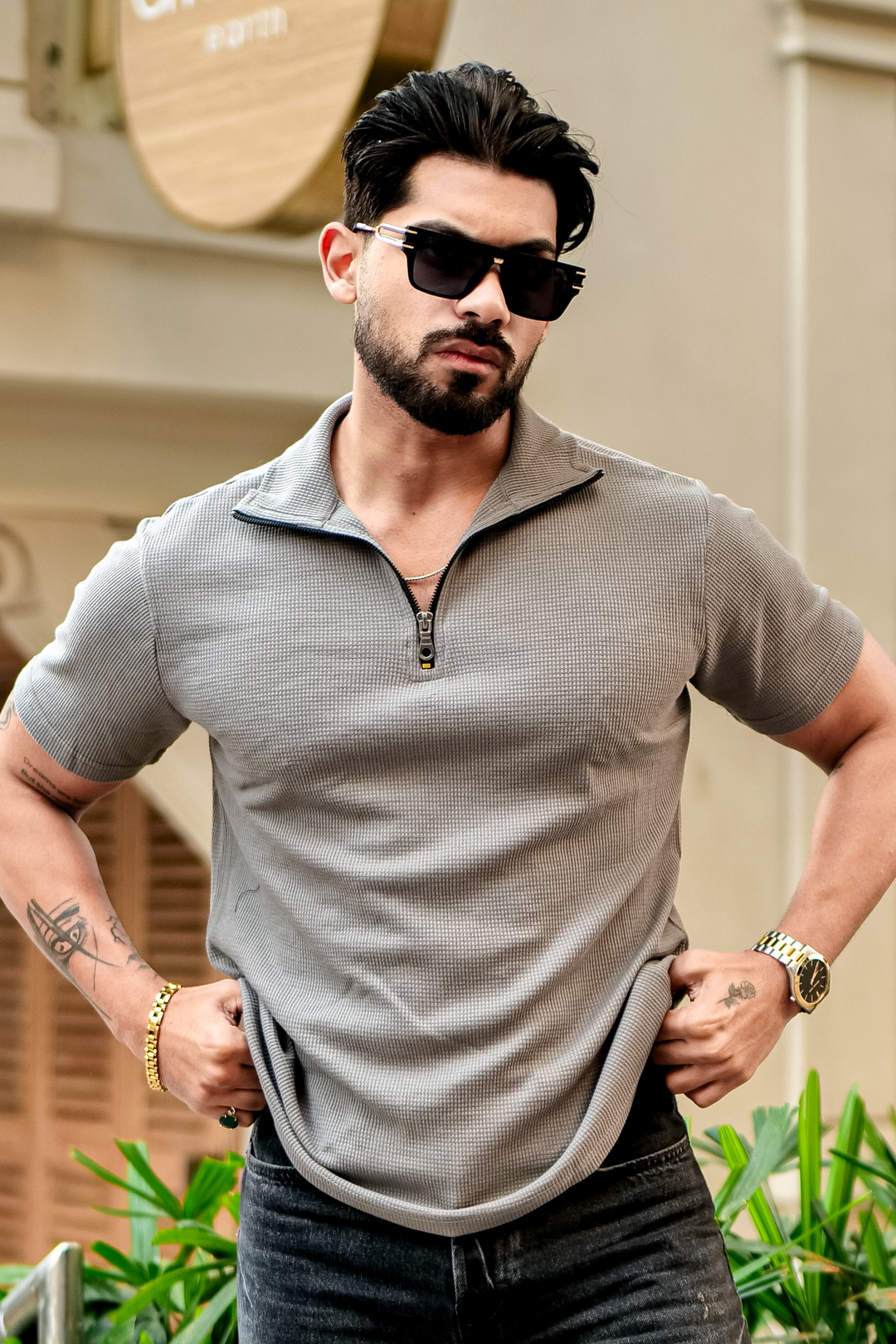 Grey Waffle Half Sleeves Zipper T-Shirt