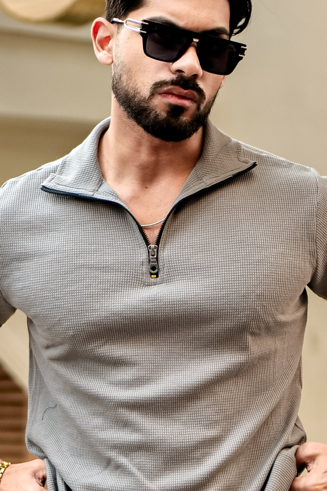 Grey Waffle Half Sleeves Zipper T-Shirt