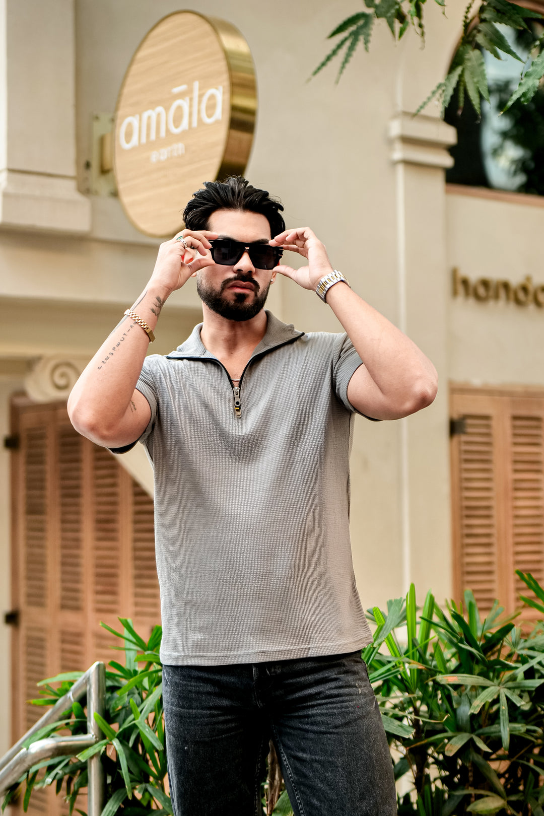 Grey Waffle Half Sleeves Zipper T-Shirt