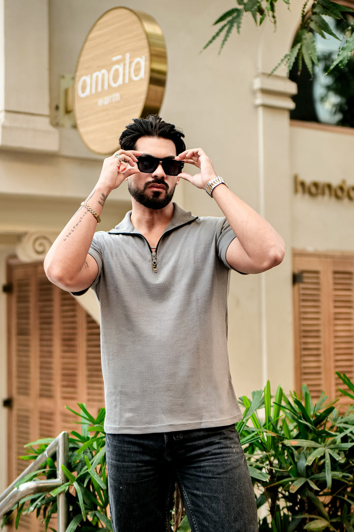 Grey Waffle Half Sleeves Zipper T-Shirt