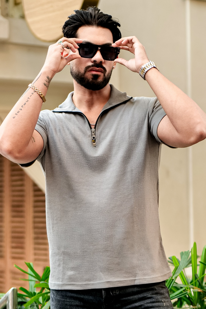 Grey Waffle Half Sleeves Zipper T-Shirt