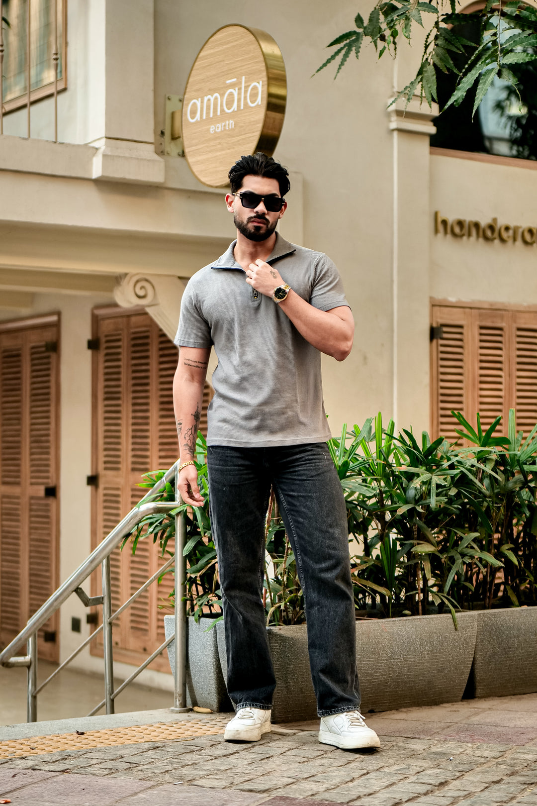 Grey Waffle Half Sleeves Zipper T-Shirt