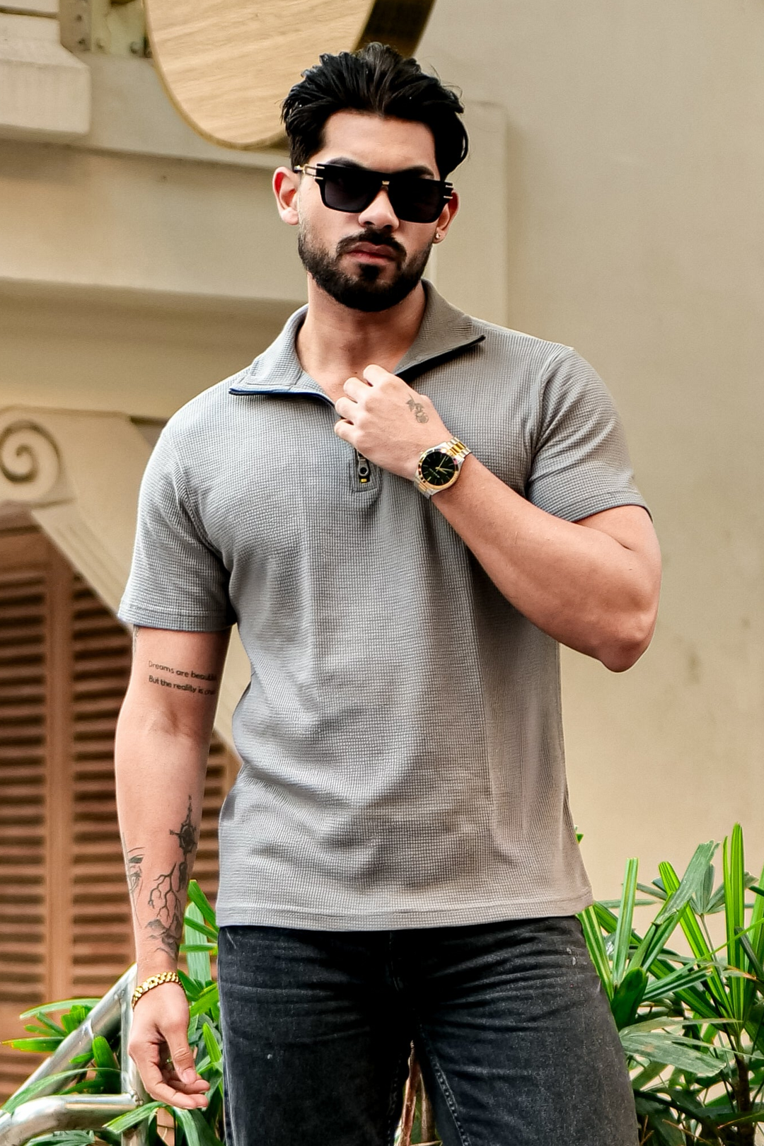 Grey Waffle Half Sleeves Zipper T-Shirt