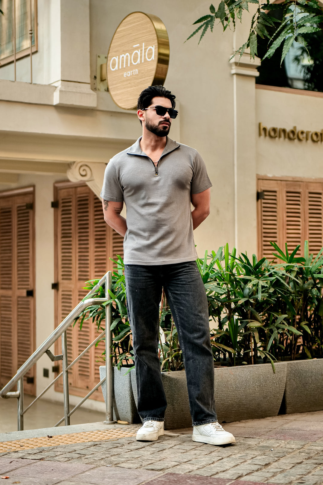 Grey Waffle Half Sleeves Zipper T-Shirt