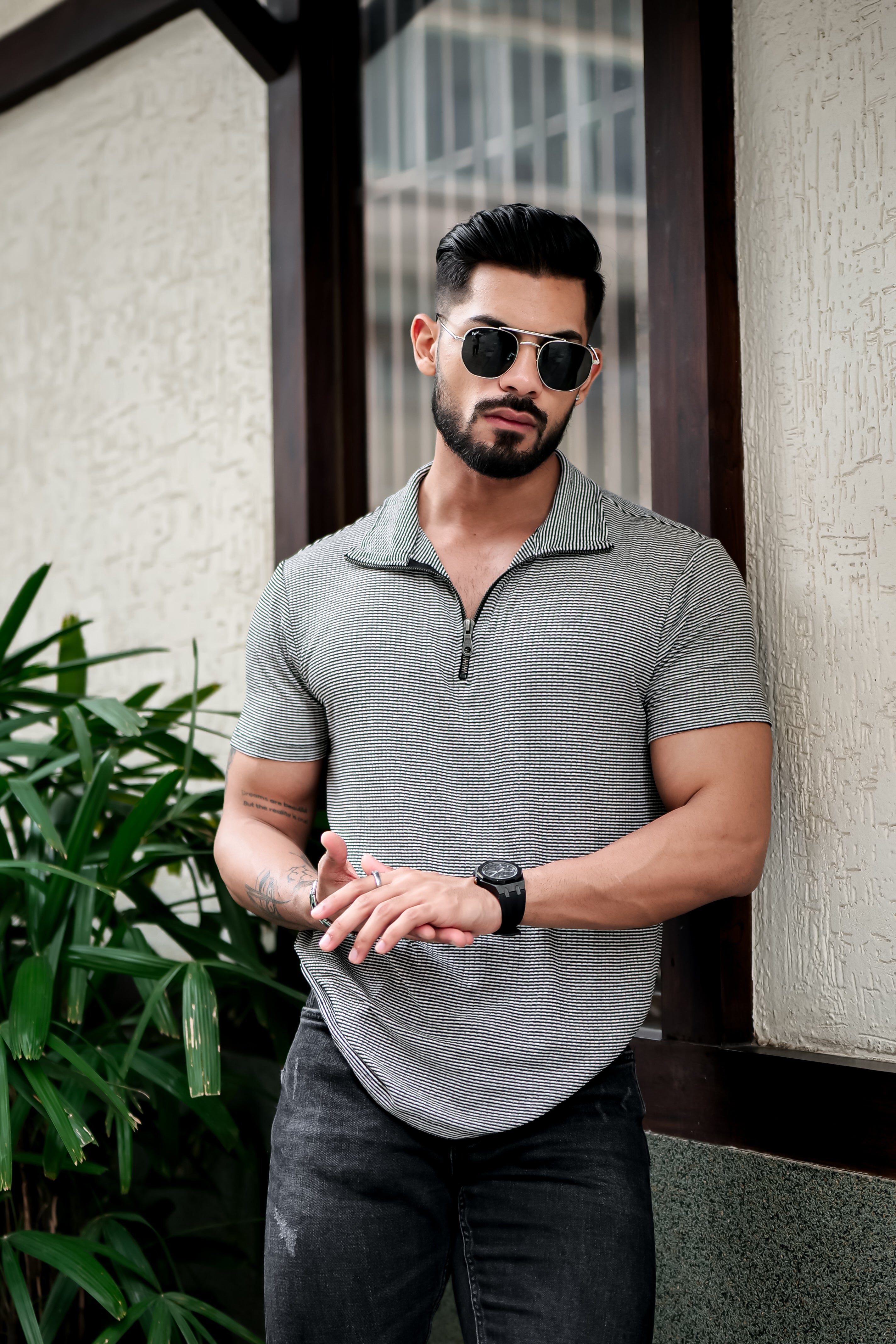 Grey Self Design Striper Zipper T-Shirt