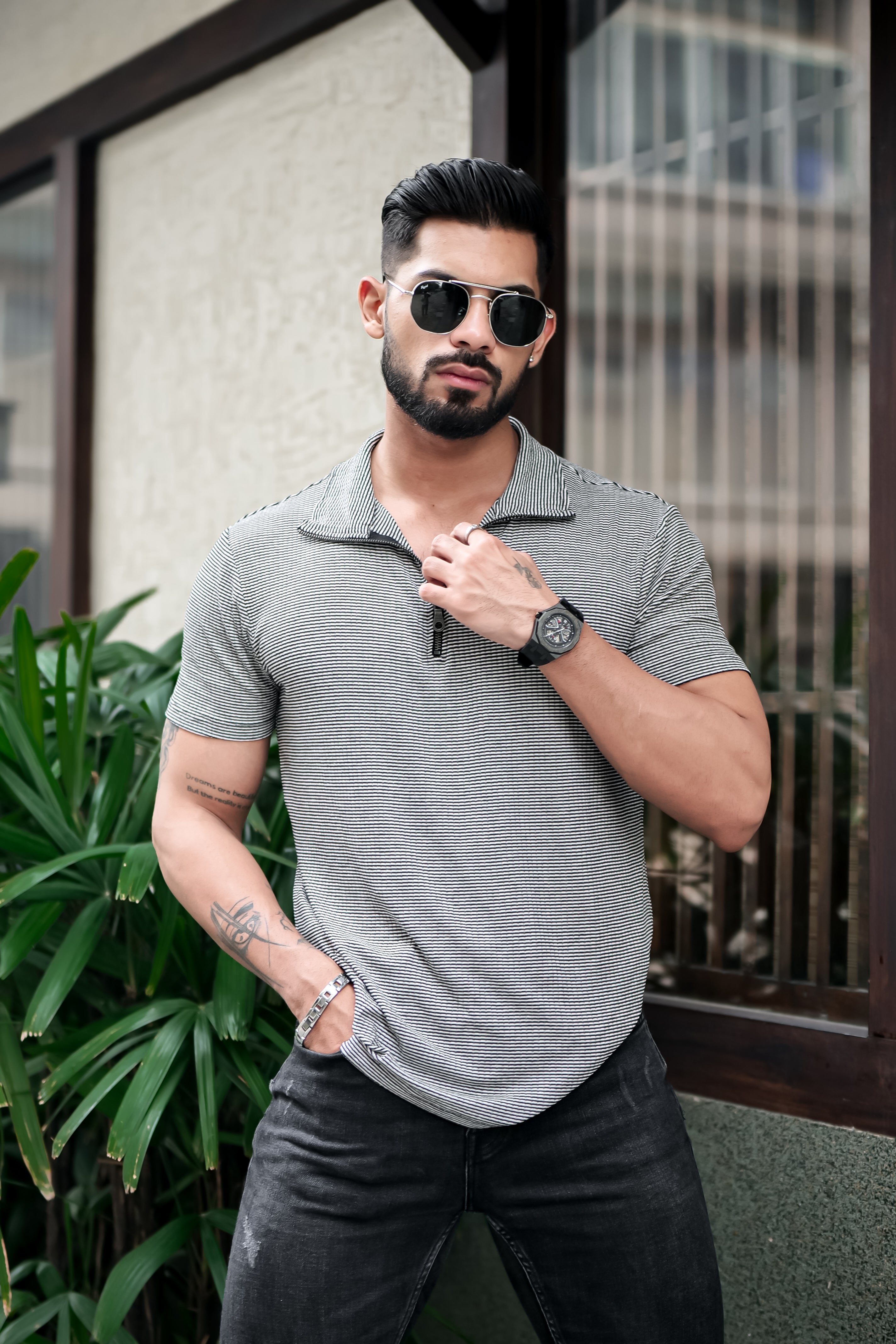 Grey Self Design Striper Zipper T-Shirt
