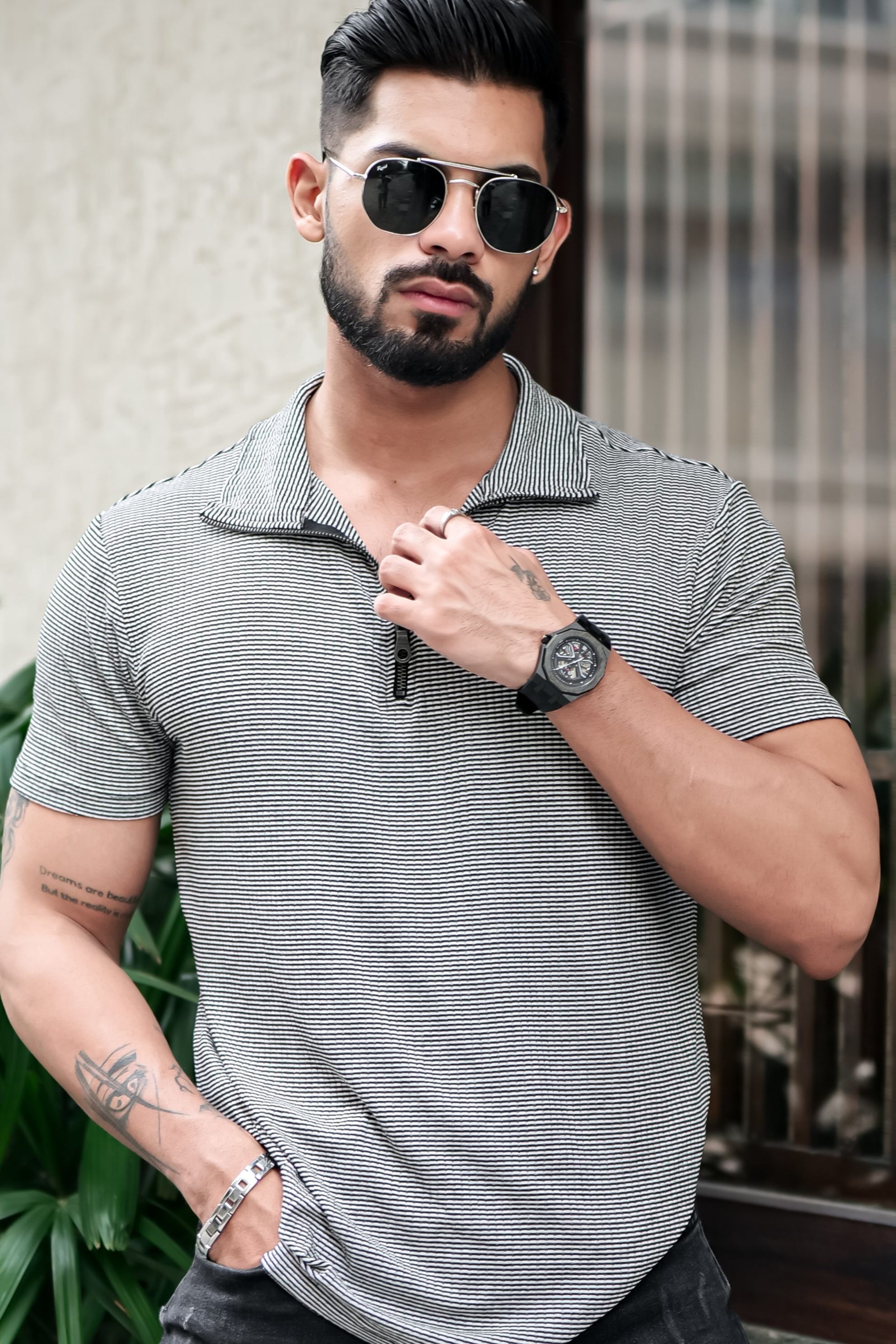 Grey Self Design Striper Zipper T-Shirt
