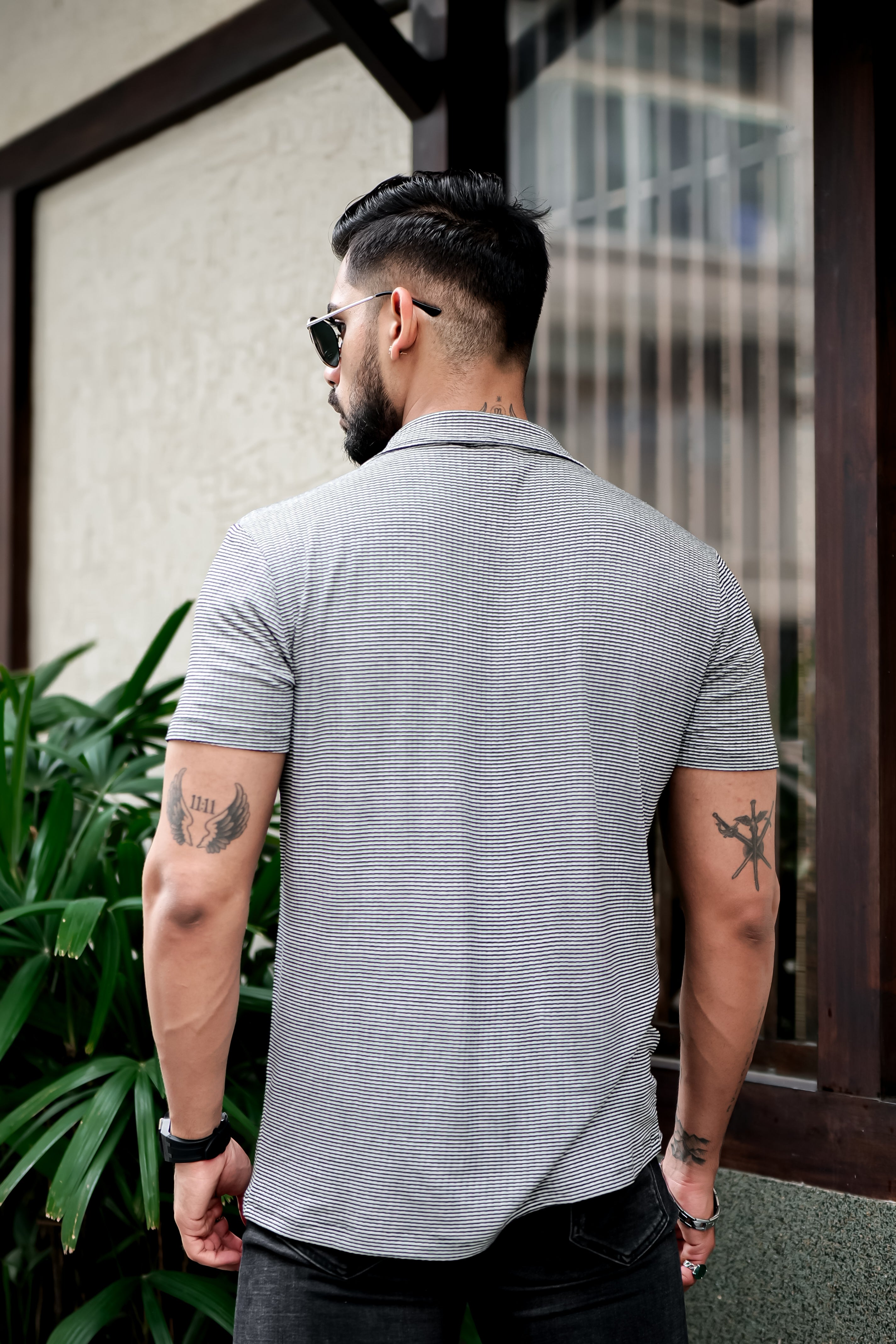 Grey Self Design Striper Zipper T-Shirt