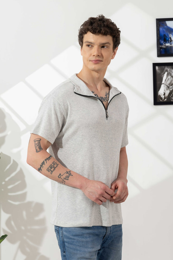 Grey Self Design Cotton Zipper T-Shirt