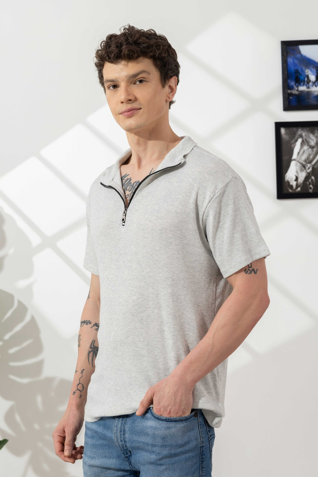 Grey Self Design Cotton Zipper T-Shirt