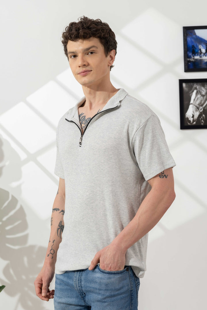 Grey Self Design Cotton Zipper T-Shirt