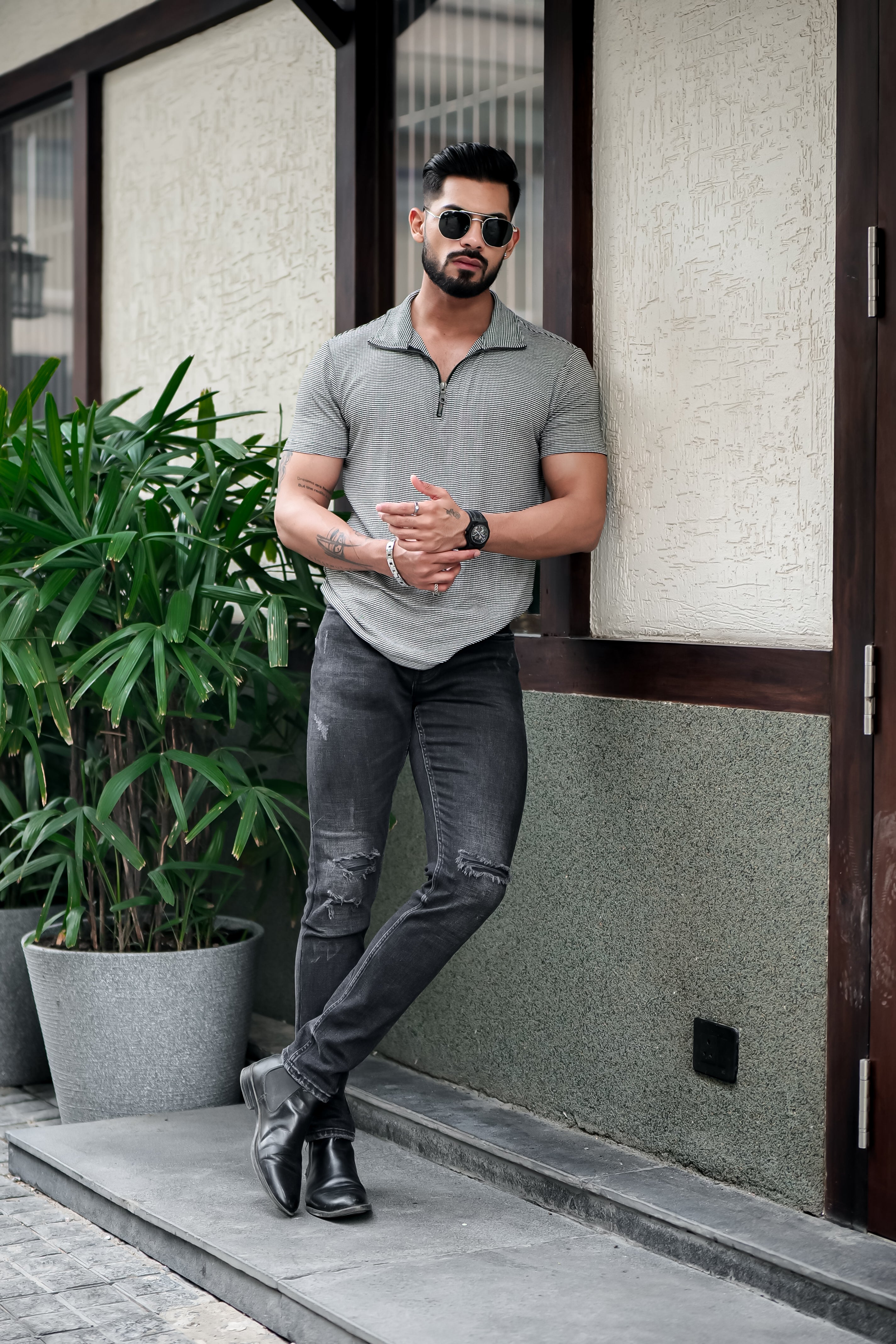 Grey Self Design Striper Zipper T-Shirt