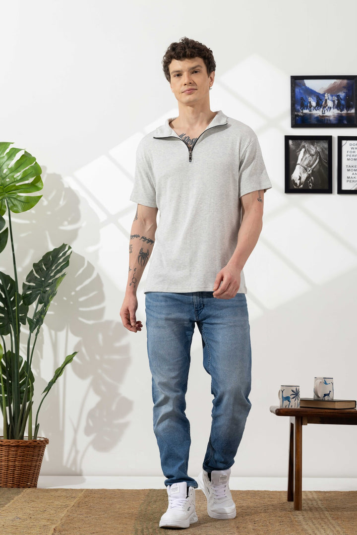 Grey Self Design Cotton Zipper T-Shirt