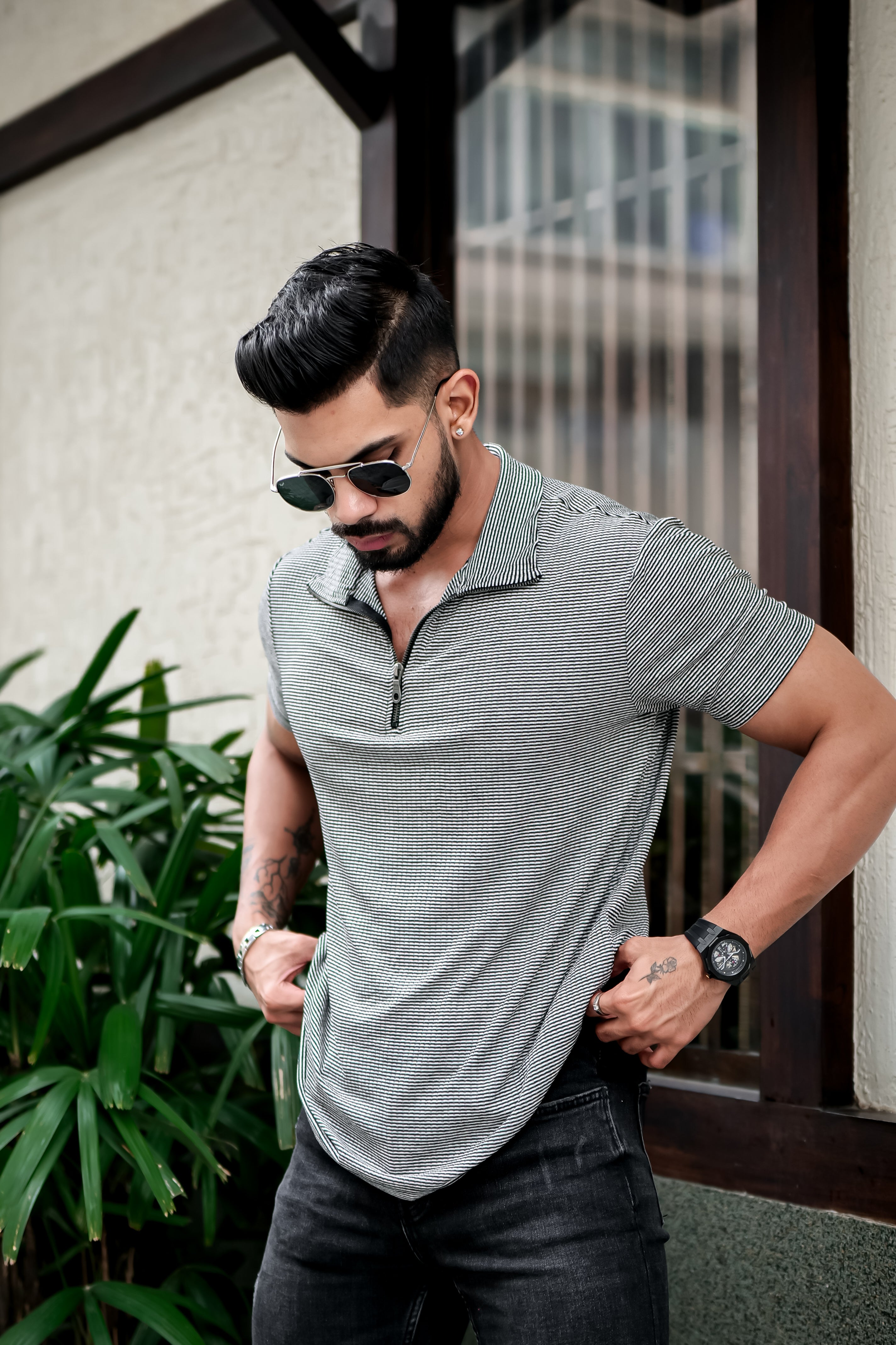 Grey Self Design Striper Zipper T-Shirt
