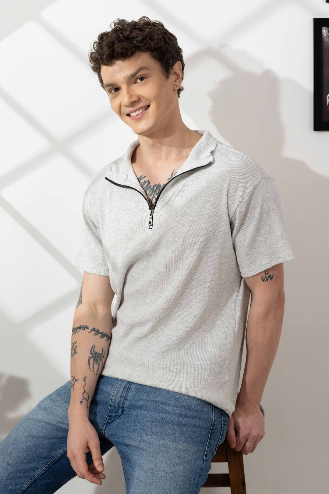 Grey Self Design Cotton Zipper T-Shirt
