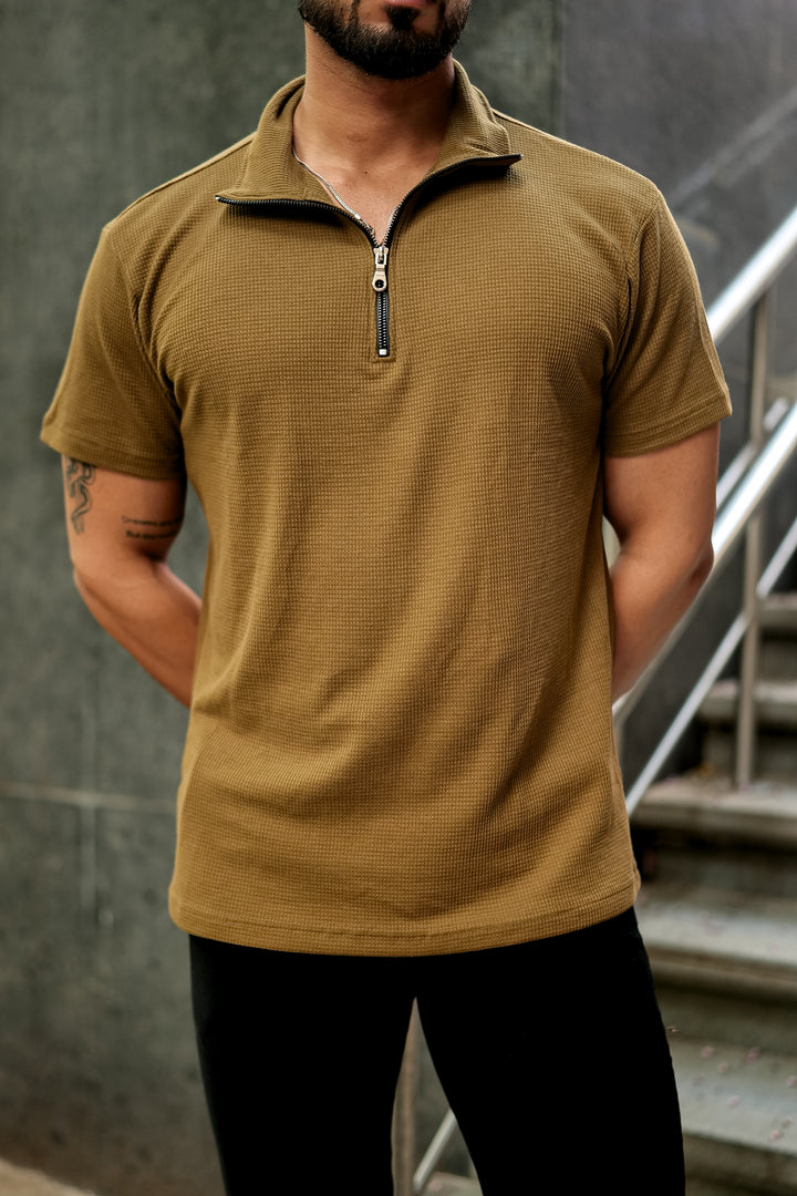 Dark Green Waffle Zipper T-Shirt