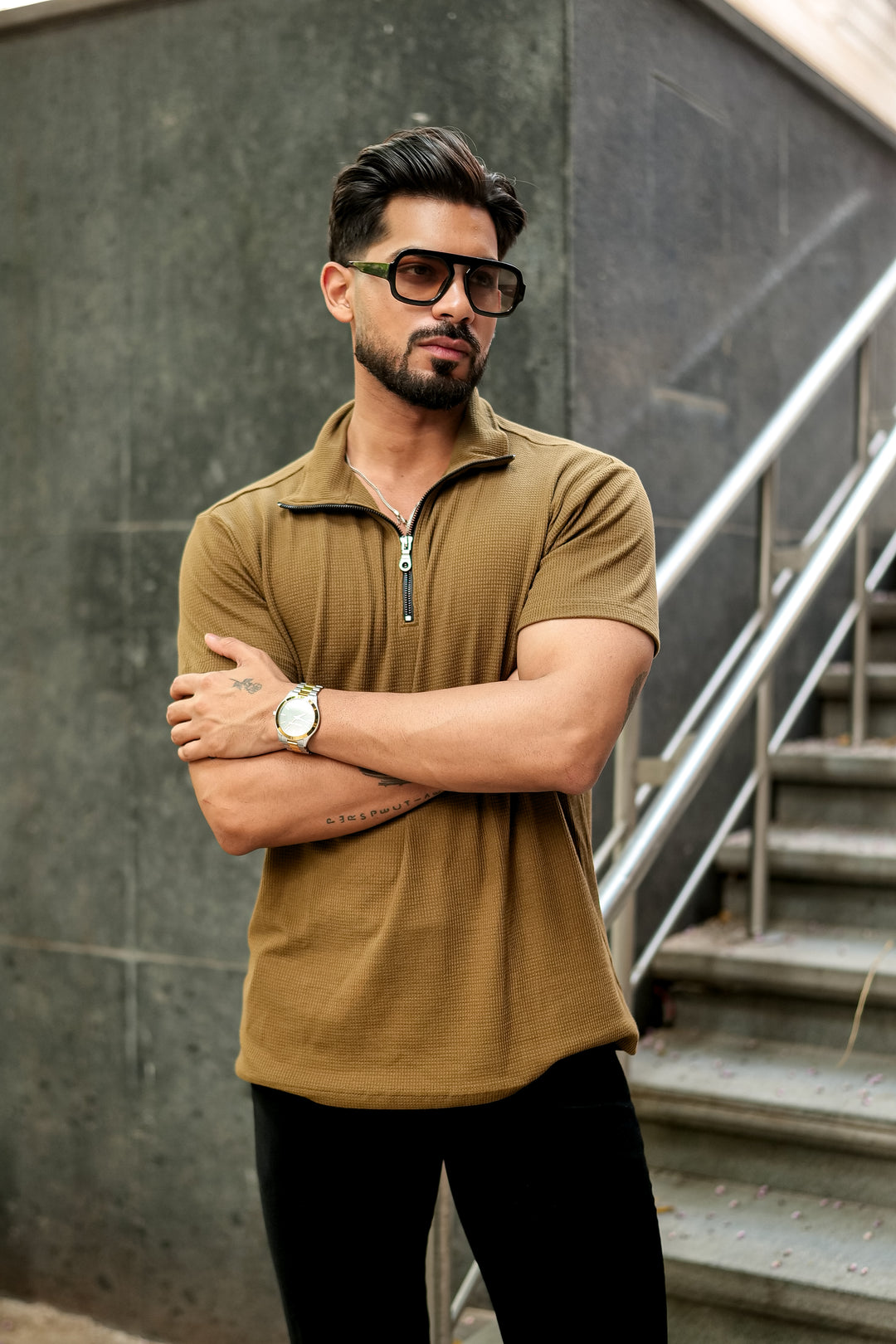 Dark Green Waffle Zipper T-Shirt