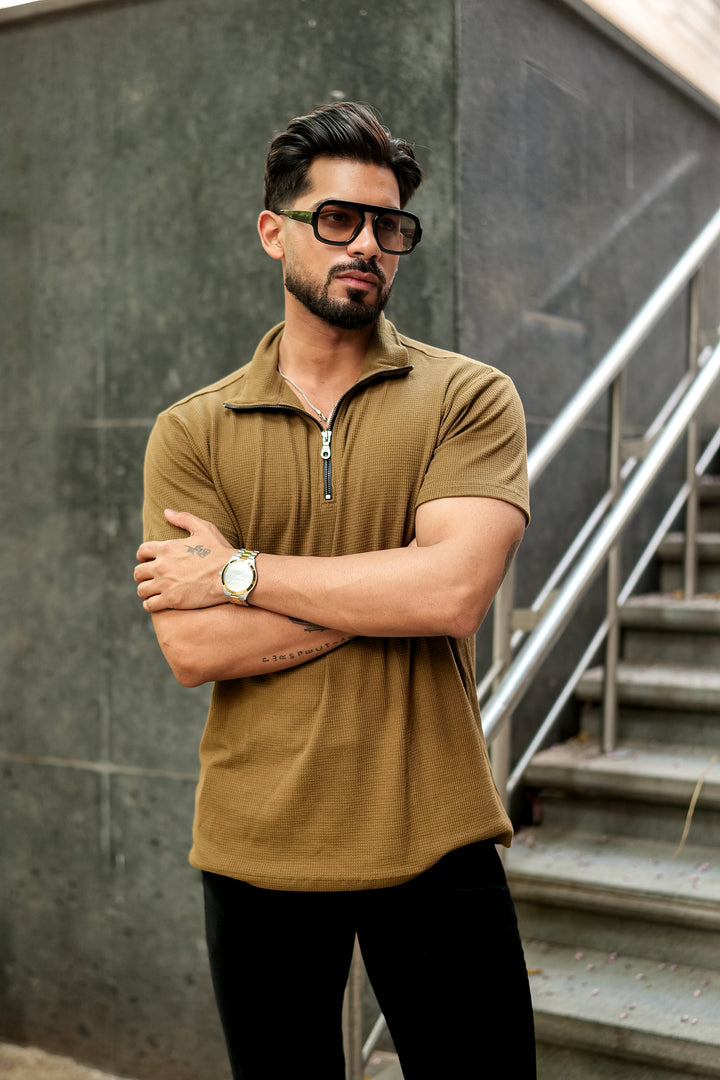 Dark Green Waffle Zipper T-Shirt