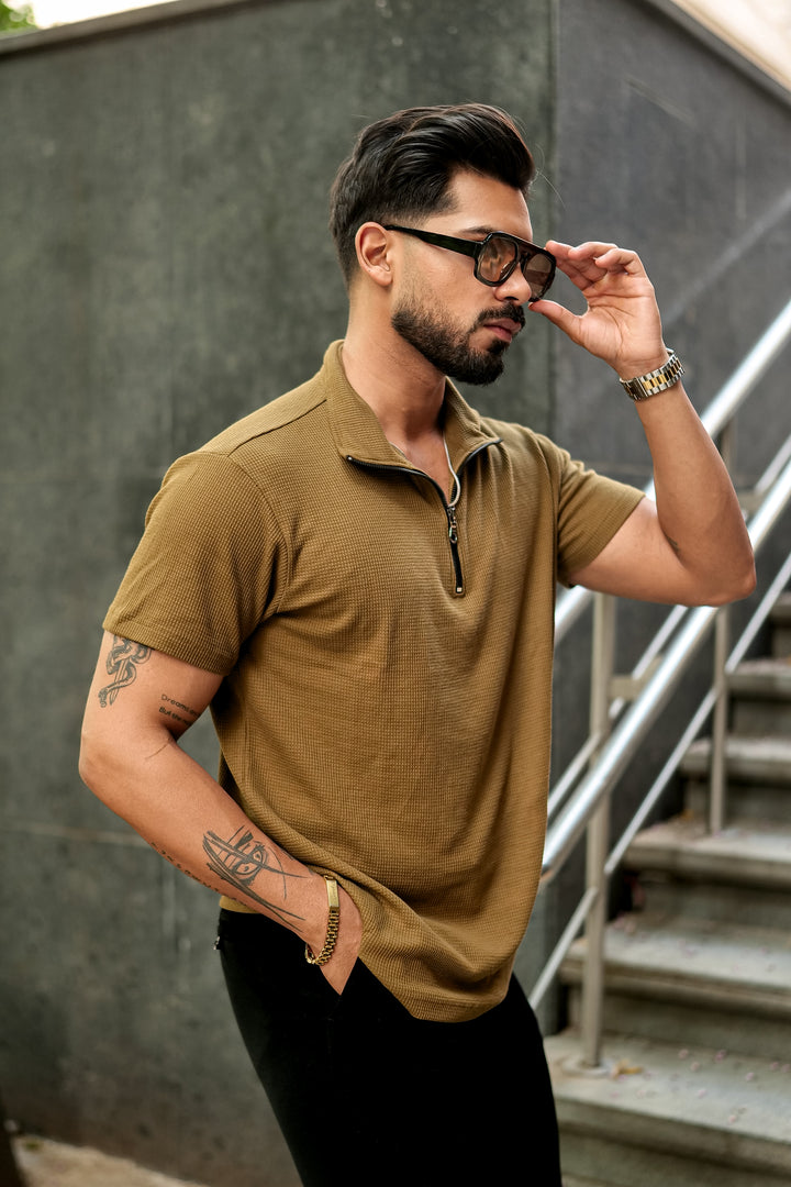 Dark Green Waffle Zipper T-Shirt