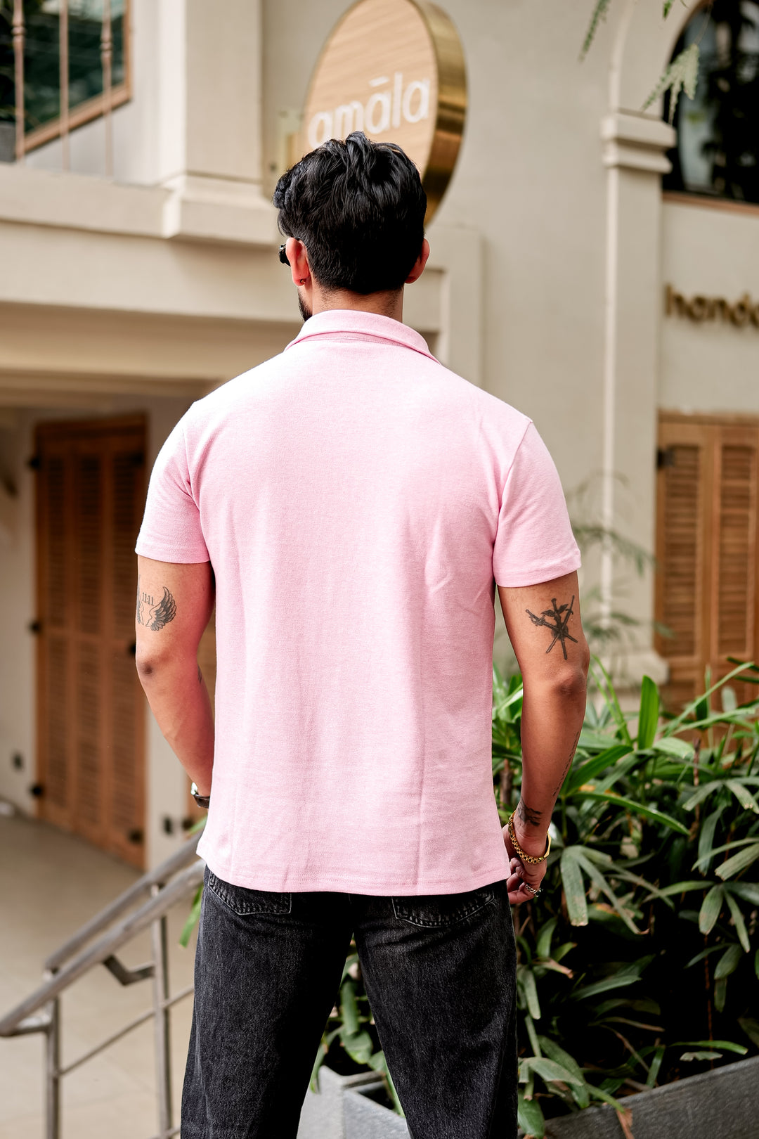 Light Pink Self Design Zipper T-Shirt