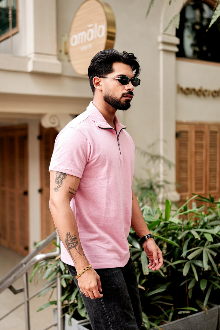 Light Pink Self Design Zipper T-Shirt