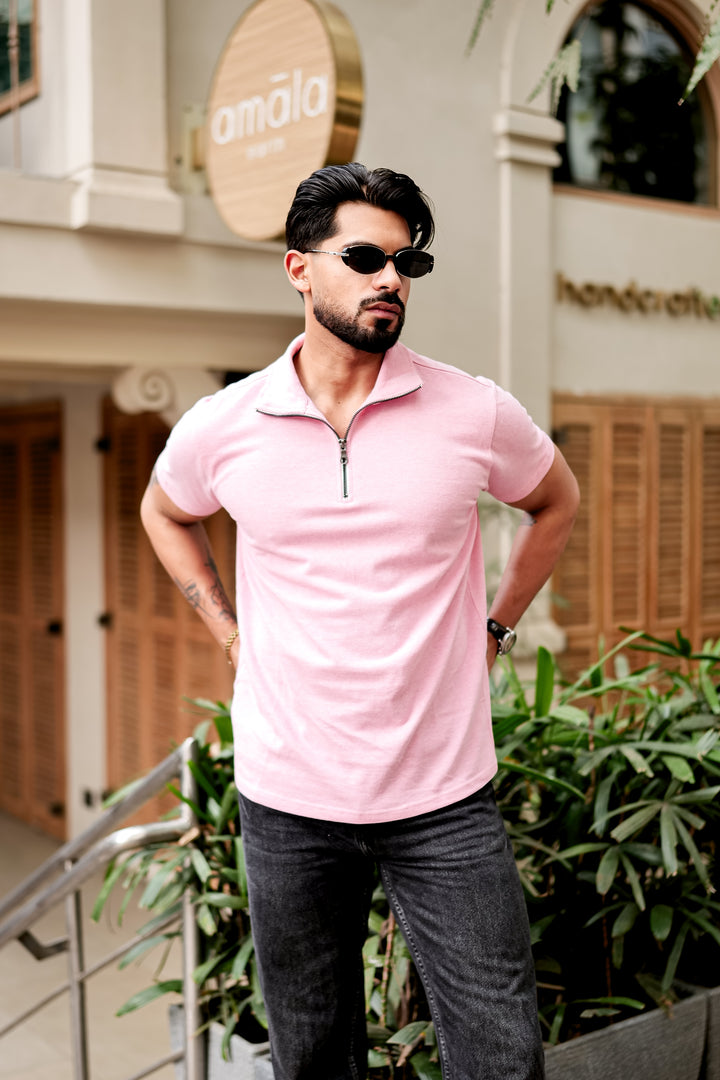 Light Pink Self Design Zipper T-Shirt